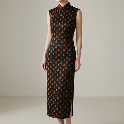 Black Mulberry Silk Xiangyunsha Qipao | Colorful Gourd Cheongsam Dress - Luxe Orienta CO., LIMITED