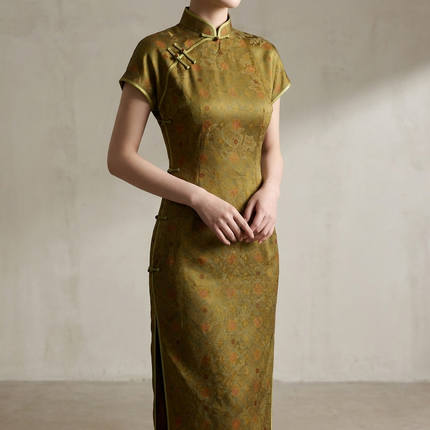 Mulberry Silk Xiangyunsha Qipao | Vintage Jacquard Cheongsam Dress - Luxe Orienta CO., LIMITED