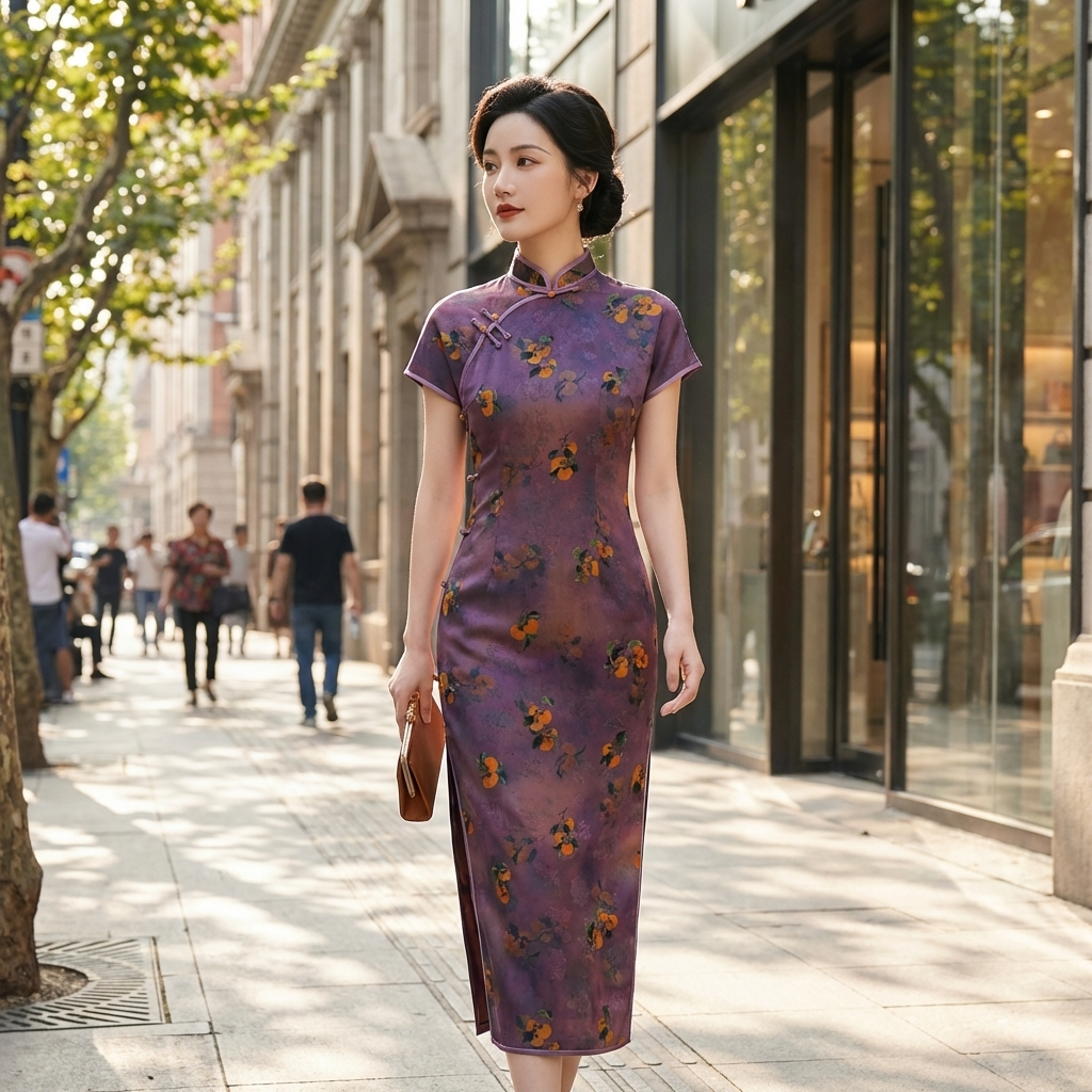100% Mulberry Silk Xiangyunsha Purple Persimmon Print Short Sleeve Qipao Dress | LUXE ORIENTA - Luxe Orienta CO., LIMITED