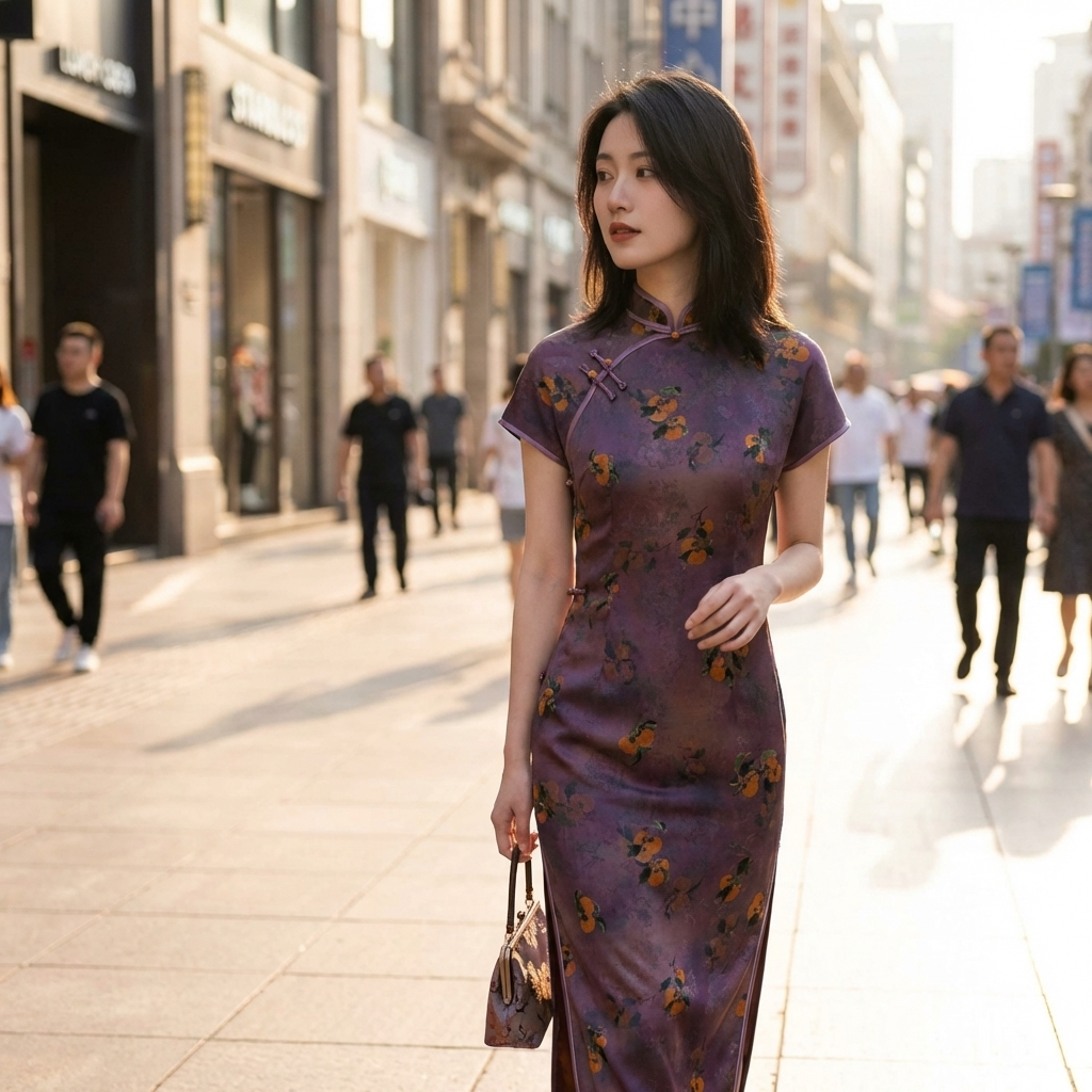 100% Mulberry Silk Xiangyunsha Purple Persimmon Print Short Sleeve Qipao Dress | LUXE ORIENTA - Luxe Orienta CO., LIMITED