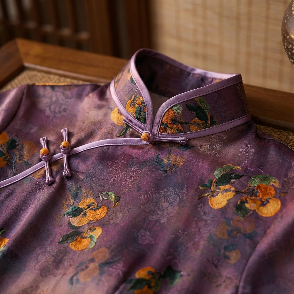 100% Mulberry Silk Xiangyunsha Purple Persimmon Print Short Sleeve Qipao Dress | LUXE ORIENTA - Luxe Orienta CO., LIMITED