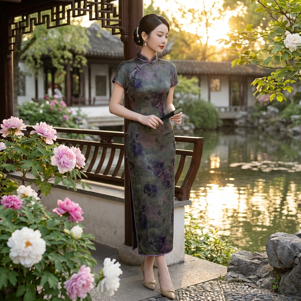 100% Mulberry Silk Xiangyunsha Dark Green Purple Rose Short Sleeve Qipao Dress | LUXE ORIENTA - Luxe Orienta CO., LIMITED