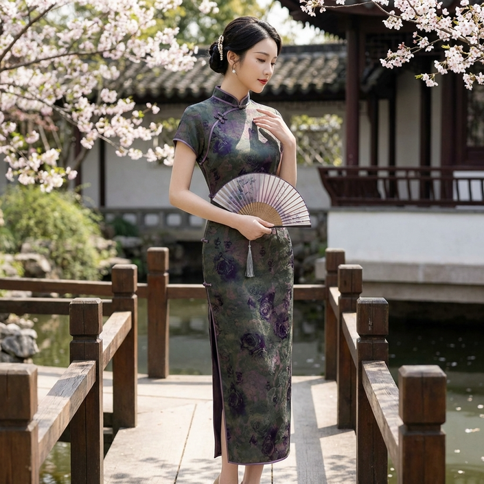 100% Mulberry Silk Xiangyunsha Dark Green Purple Rose Short Sleeve Qipao Dress | LUXE ORIENTA - Luxe Orienta CO., LIMITED