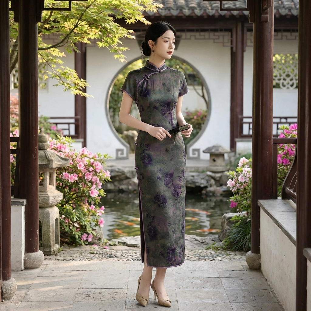 100% Mulberry Silk Xiangyunsha Dark Green Purple Rose Short Sleeve Qipao Dress | LUXE ORIENTA - Luxe Orienta CO., LIMITED