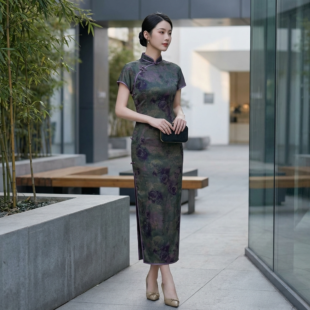 100% Mulberry Silk Xiangyunsha Dark Green Purple Rose Short Sleeve Qipao Dress | LUXE ORIENTA - Luxe Orienta CO., LIMITED