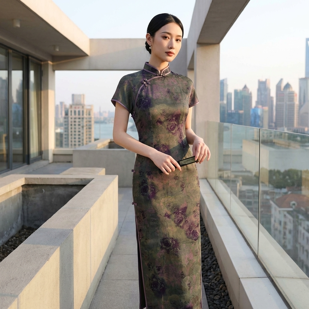100% Mulberry Silk Xiangyunsha Dark Green Purple Rose Short Sleeve Qipao Dress | LUXE ORIENTA - Luxe Orienta CO., LIMITED