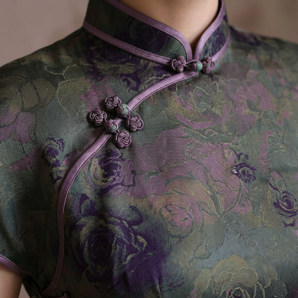 100% Mulberry Silk Xiangyunsha Dark Green Purple Rose Short Sleeve Qipao Dress | LUXE ORIENTA - Luxe Orienta CO., LIMITED