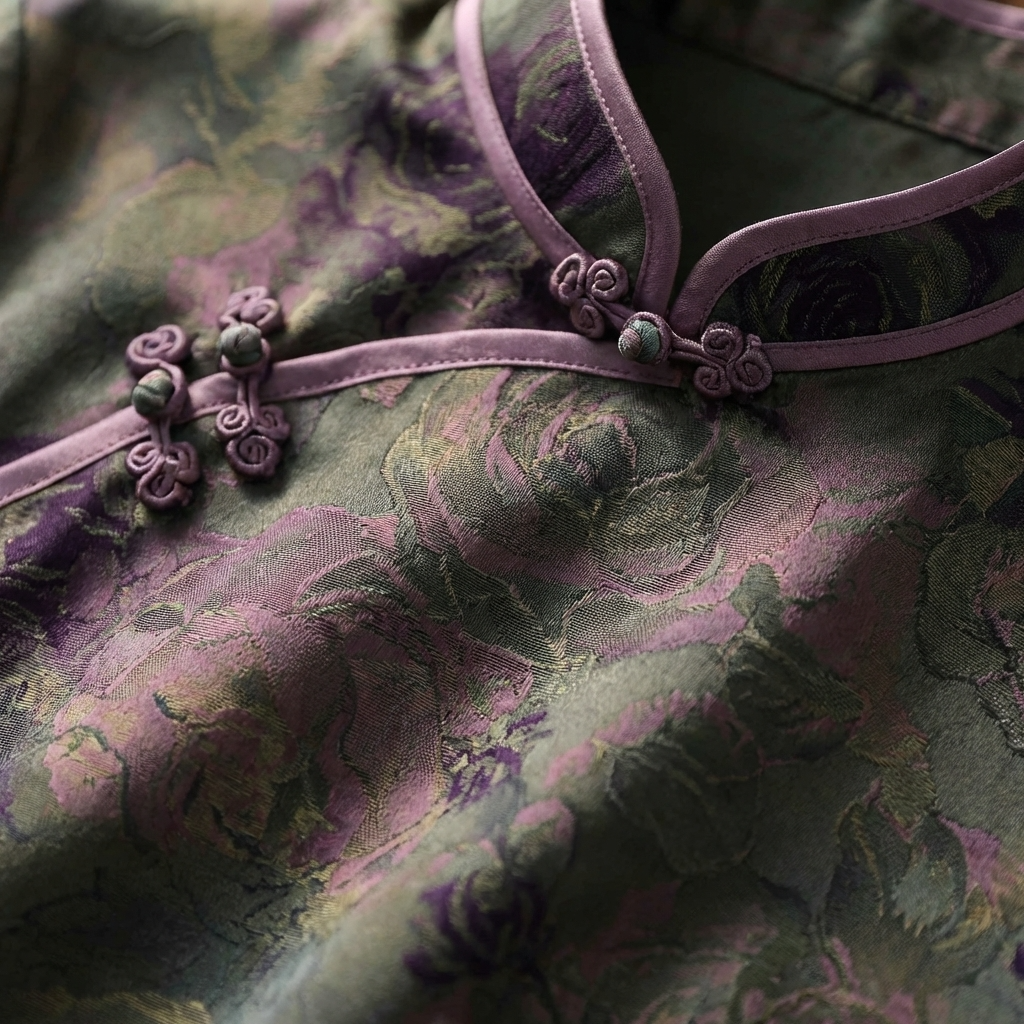 100% Mulberry Silk Xiangyunsha Dark Green Purple Rose Short Sleeve Qipao Dress | LUXE ORIENTA - Luxe Orienta CO., LIMITED