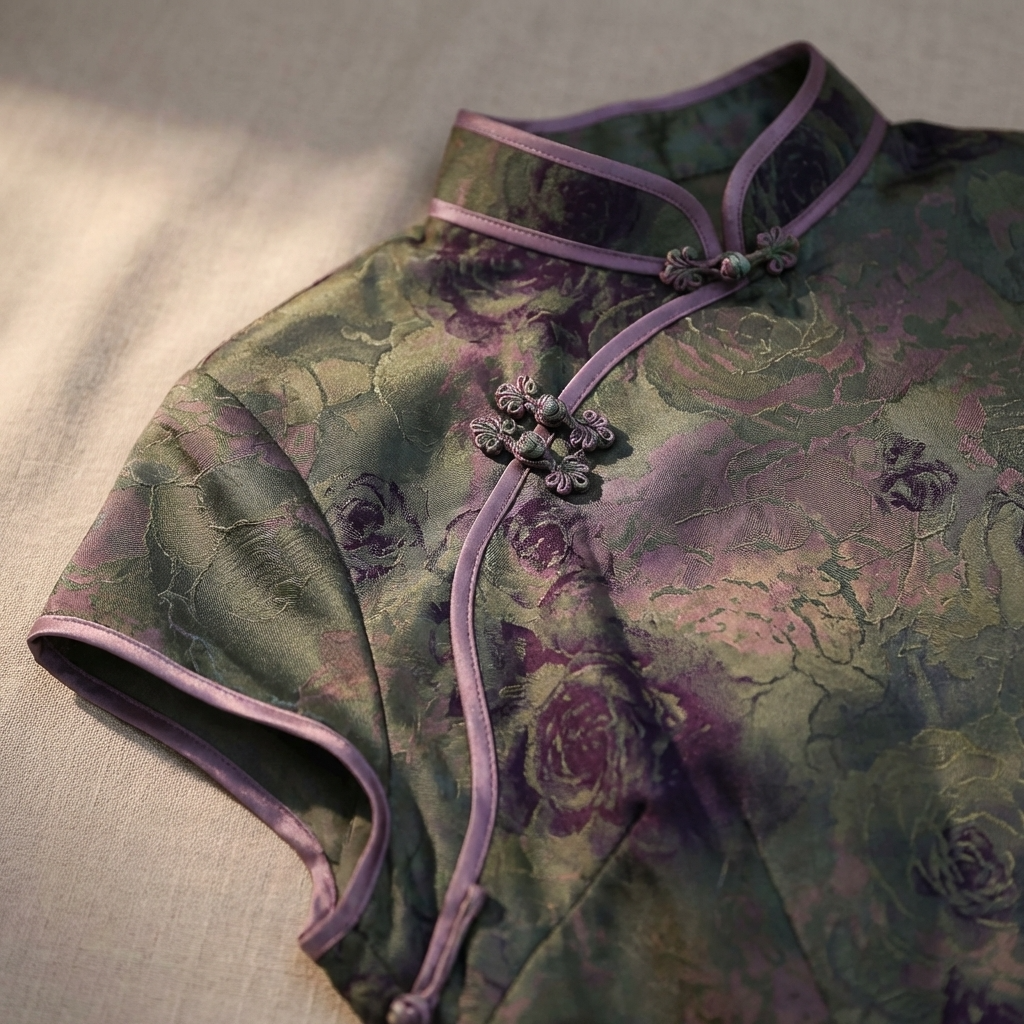 100% Mulberry Silk Xiangyunsha Dark Green Purple Rose Short Sleeve Qipao Dress | LUXE ORIENTA - Luxe Orienta CO., LIMITED