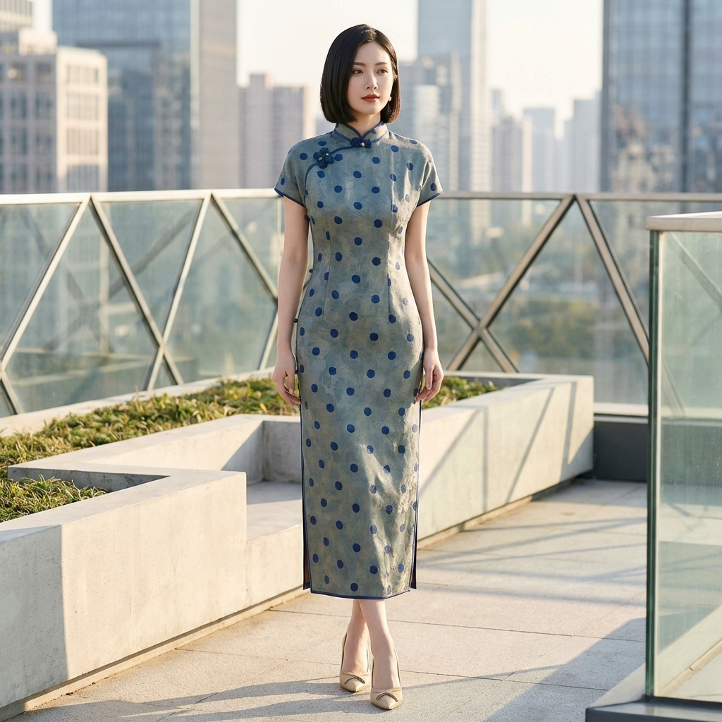 Grey-Blue Polka Dot Xiangyunsha Qipao | 100% Mulberry Silk Flower-Lo Jacquard Cheongsam - LUXE ORIENTA - Luxe Orienta CO., LIMITED