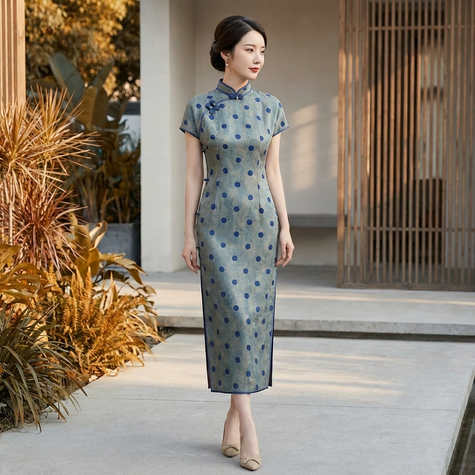 Grey-Blue Polka Dot Xiangyunsha Qipao | 100% Mulberry Silk Flower-Lo Jacquard Cheongsam - LUXE ORIENTA - Luxe Orienta CO., LIMITED