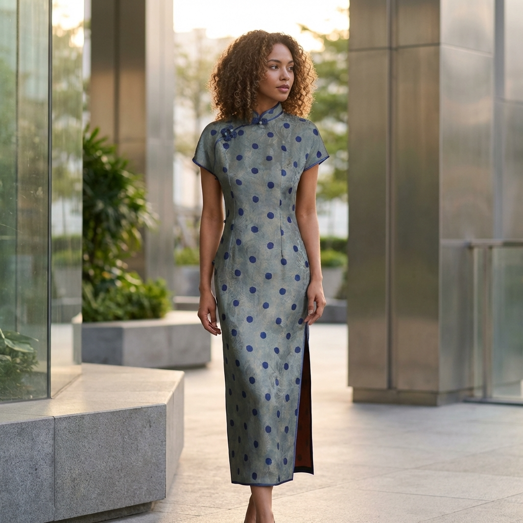 Grey-Blue Polka Dot Xiangyunsha Qipao | 100% Mulberry Silk Flower-Lo Jacquard Cheongsam - LUXE ORIENTA - Luxe Orienta CO., LIMITED