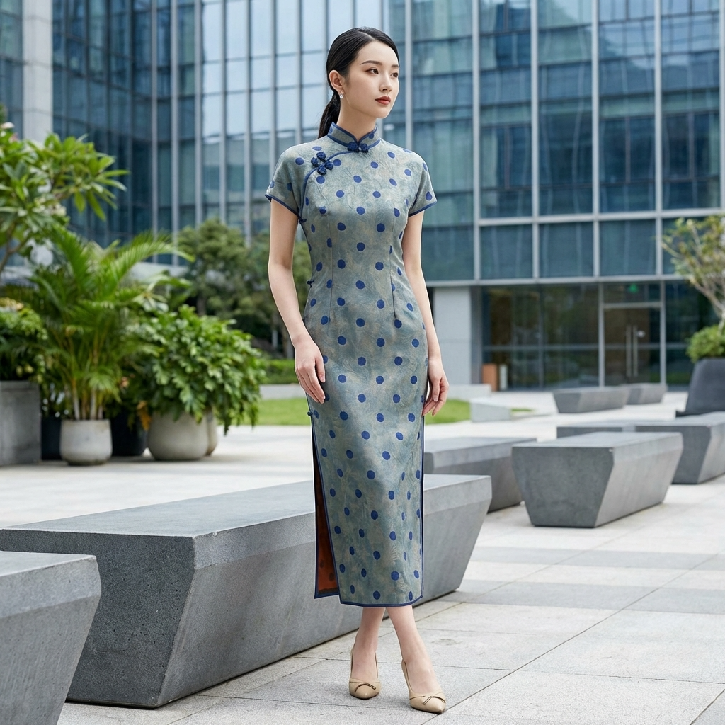 Grey-Blue Polka Dot Xiangyunsha Qipao | 100% Mulberry Silk Flower-Lo Jacquard Cheongsam - LUXE ORIENTA - Luxe Orienta CO., LIMITED