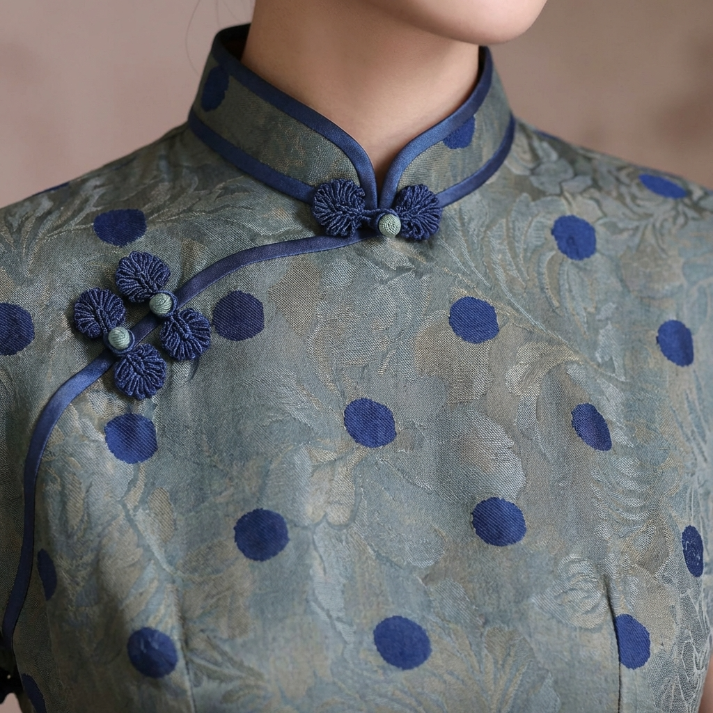 Grey-Blue Polka Dot Xiangyunsha Qipao | 100% Mulberry Silk Flower-Lo Jacquard Cheongsam - LUXE ORIENTA - Luxe Orienta CO., LIMITED
