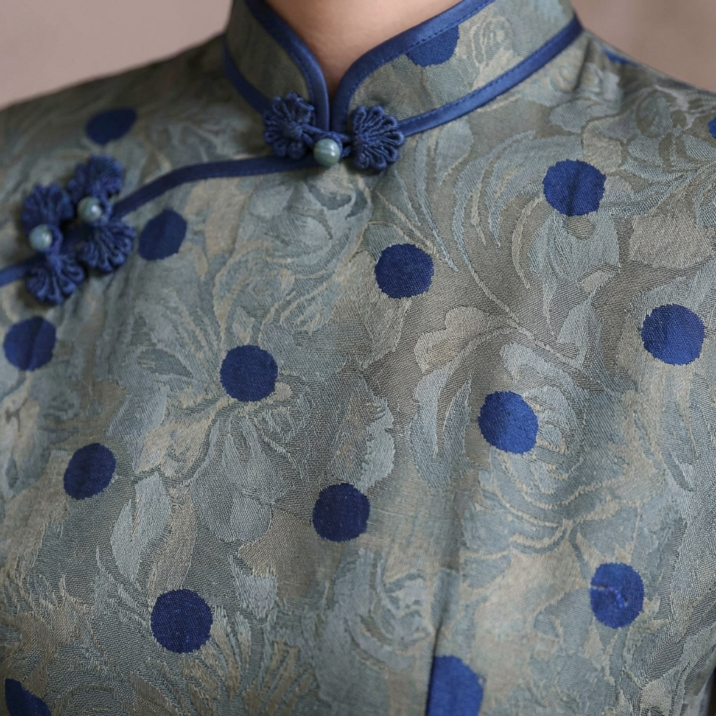 Grey-Blue Polka Dot Xiangyunsha Qipao | 100% Mulberry Silk Flower-Lo Jacquard Cheongsam - LUXE ORIENTA - Luxe Orienta CO., LIMITED