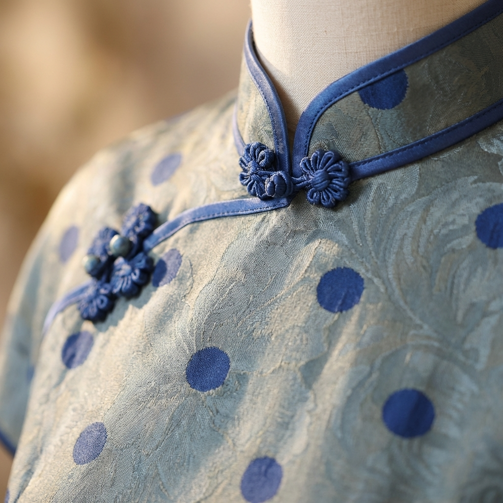 Grey-Blue Polka Dot Xiangyunsha Qipao | 100% Mulberry Silk Flower-Lo Jacquard Cheongsam - LUXE ORIENTA - Luxe Orienta CO., LIMITED