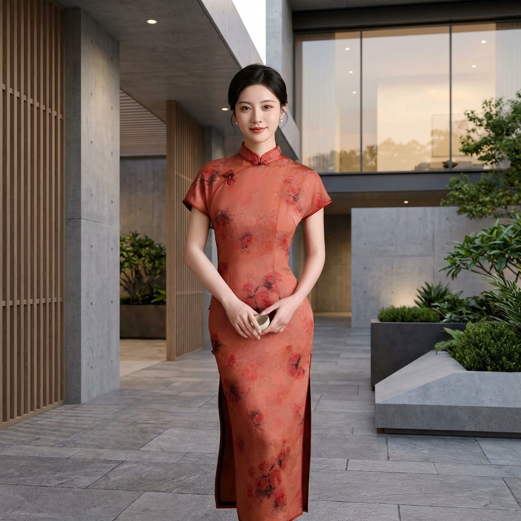 100% Mulberry Silk Xiangyunsha Rust Red Floral Print Short Sleeve Qipao Dress | LUXE ORIENTA - Luxe Orienta CO., LIMITED