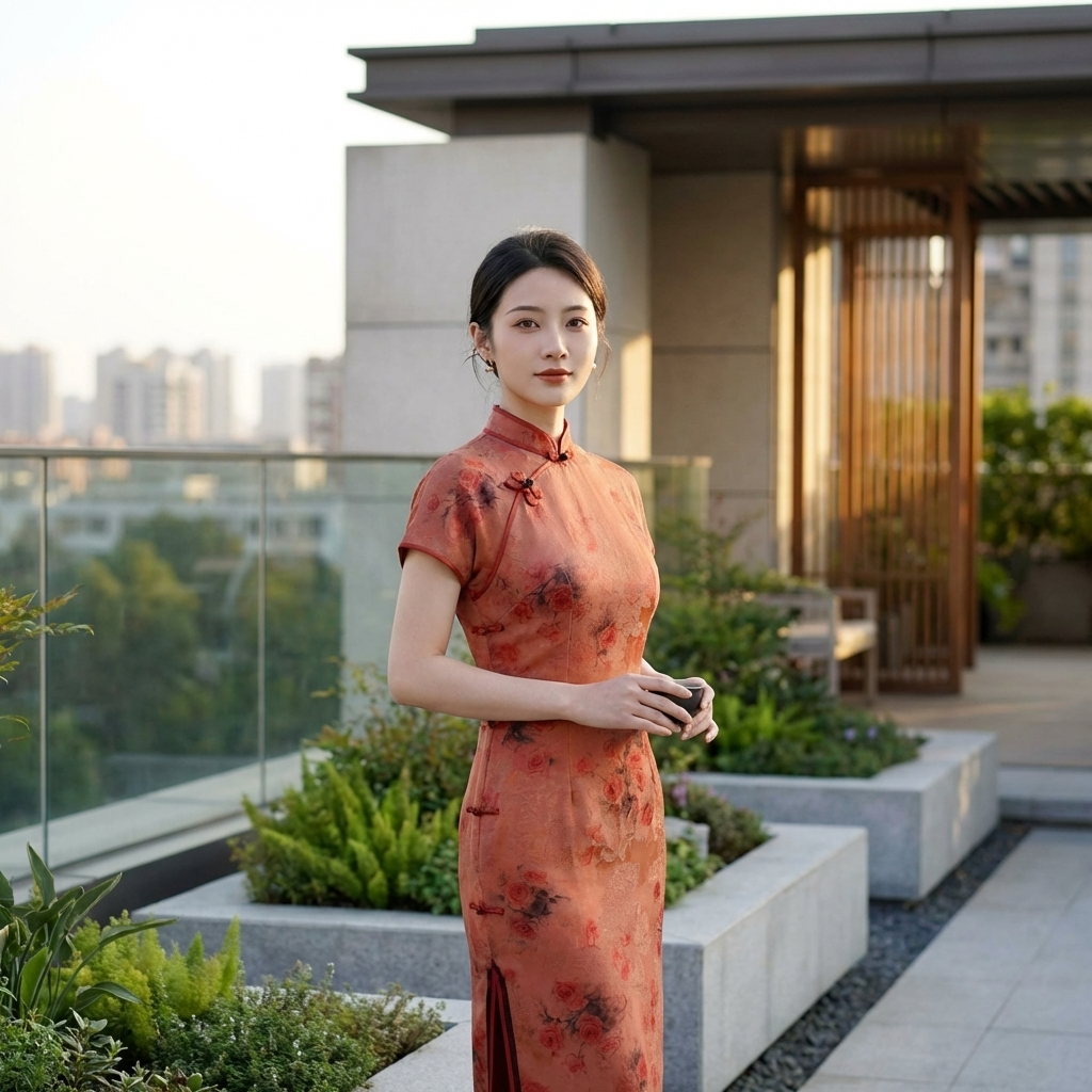 100% Mulberry Silk Xiangyunsha Rust Red Floral Print Short Sleeve Qipao Dress | LUXE ORIENTA - Luxe Orienta CO., LIMITED