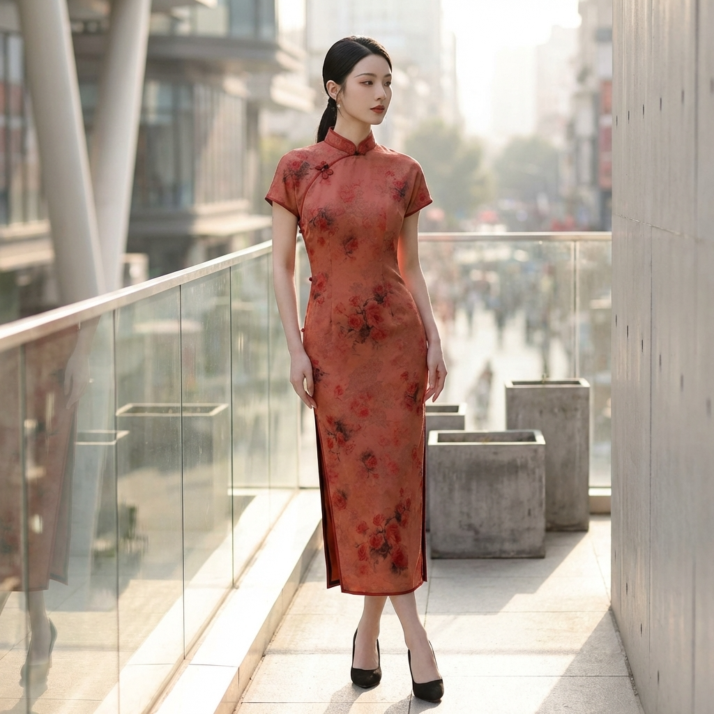 100% Mulberry Silk Xiangyunsha Rust Red Floral Print Short Sleeve Qipao Dress | LUXE ORIENTA - Luxe Orienta CO., LIMITED