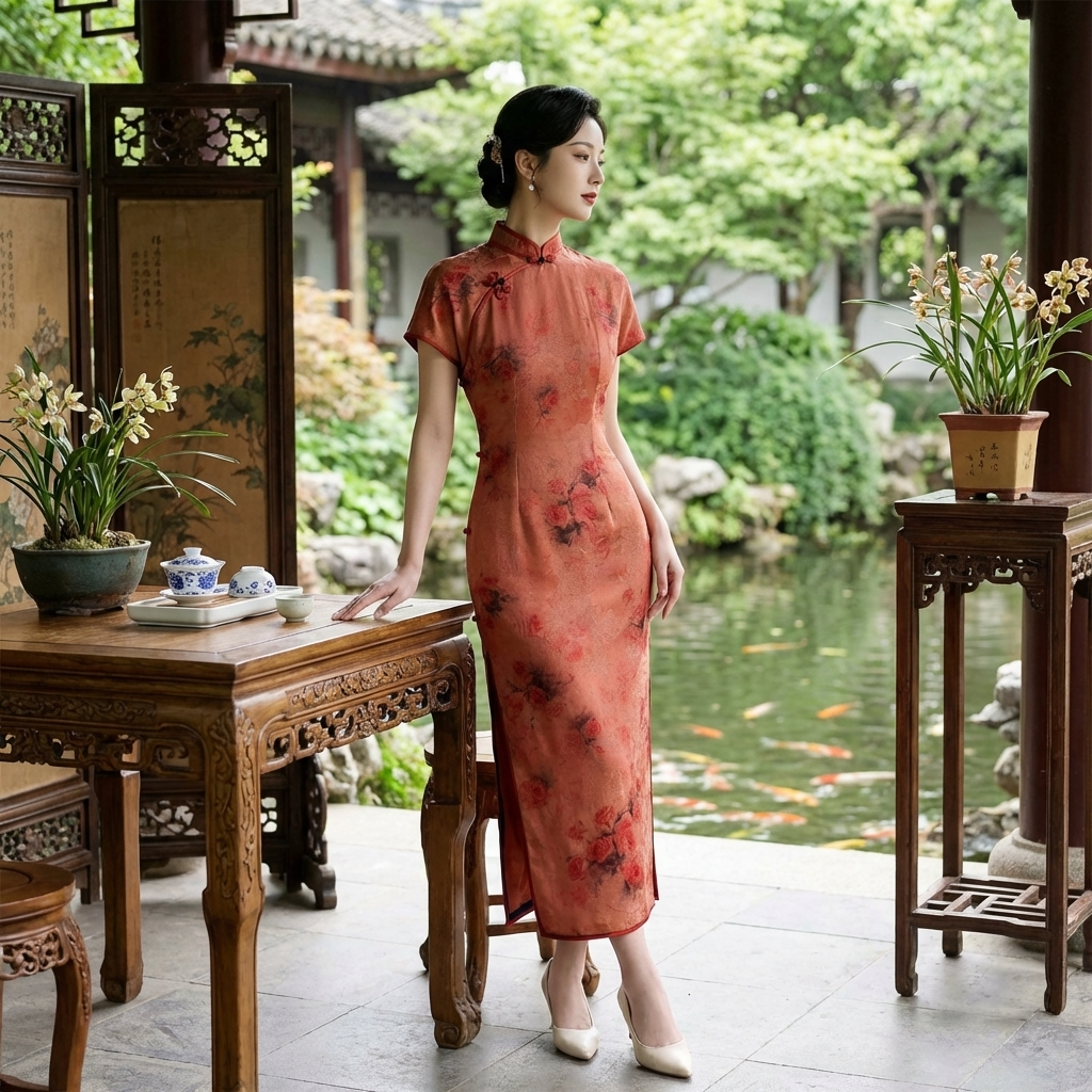 100% Mulberry Silk Xiangyunsha Rust Red Floral Print Short Sleeve Qipao Dress | LUXE ORIENTA - Luxe Orienta CO., LIMITED