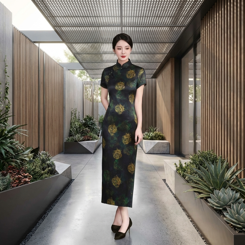 100% Mulberry Silk Xiangyunsha Black Gold Rose Short Sleeve Qipao Dress | LUXE ORIENTA - Luxe Orienta CO., LIMITED