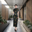 100% Mulberry Silk Xiangyunsha Black Gold Rose Short Sleeve Qipao Dress | LUXE ORIENTA - Luxe Orienta CO., LIMITED