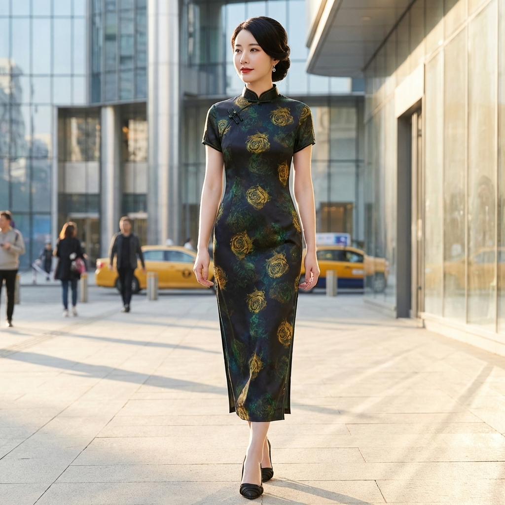 100% Mulberry Silk Xiangyunsha Black Gold Rose Short Sleeve Qipao Dress | LUXE ORIENTA - Luxe Orienta CO., LIMITED