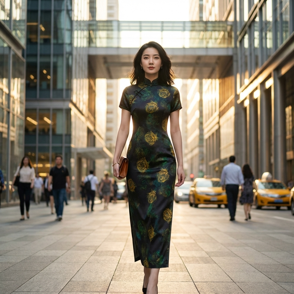 100% Mulberry Silk Xiangyunsha Black Gold Rose Short Sleeve Qipao Dress | LUXE ORIENTA - Luxe Orienta CO., LIMITED