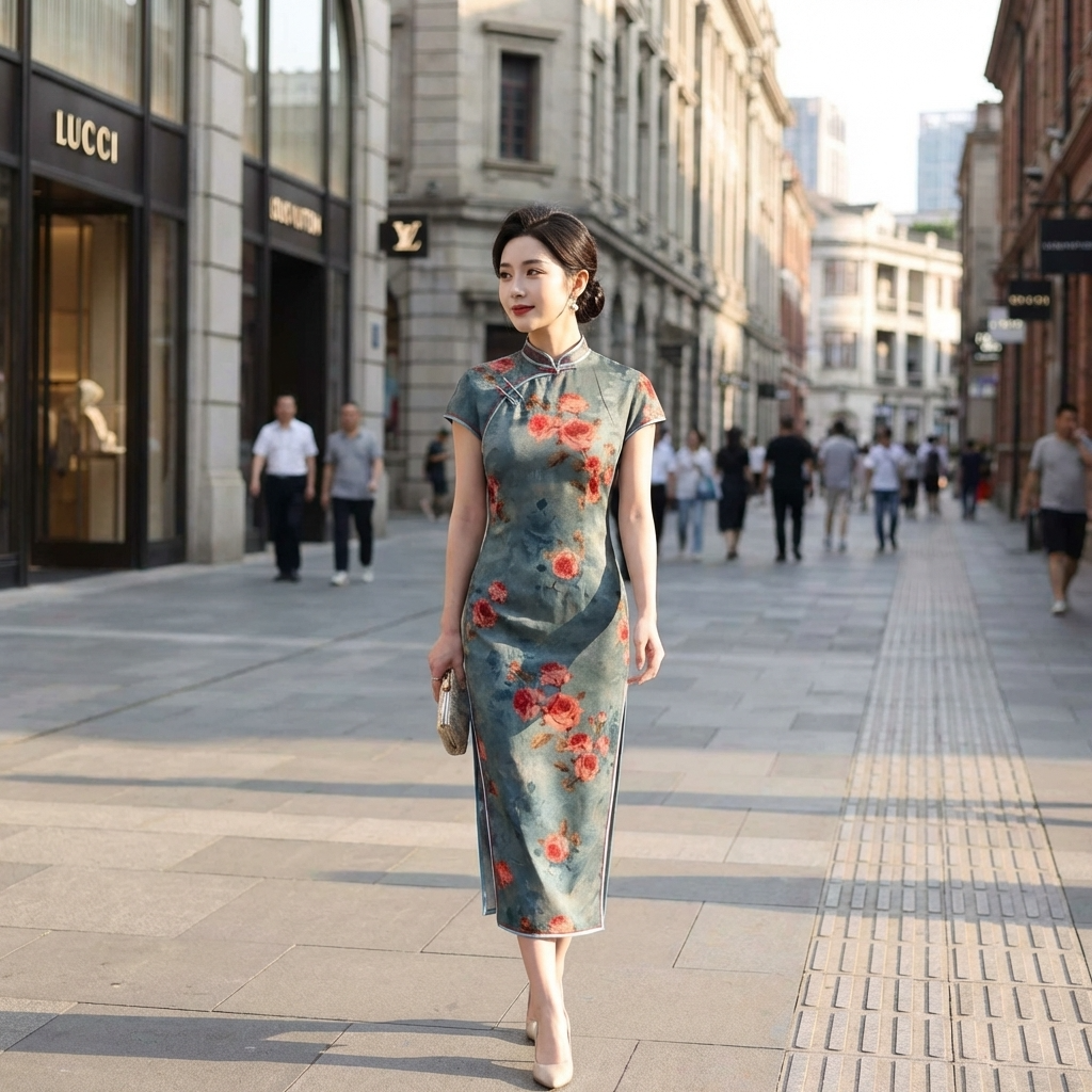 100% Mulberry Silk Xiangyunsha Dusty Blue Red Rose Short Sleeve Qipao Dress | LUXE ORIENTA - Luxe Orienta CO., LIMITED