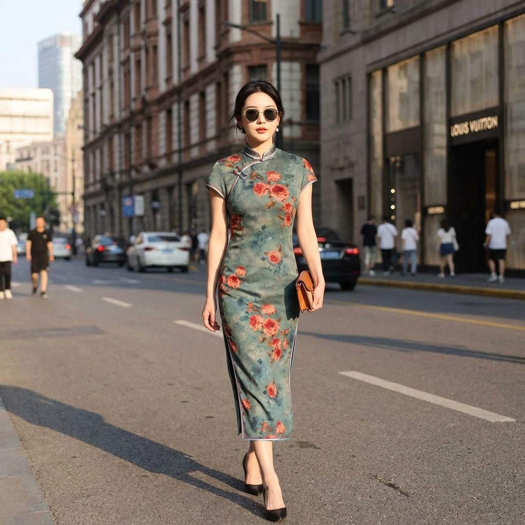 100% Mulberry Silk Xiangyunsha Dusty Blue Red Rose Short Sleeve Qipao Dress | LUXE ORIENTA - Luxe Orienta CO., LIMITED