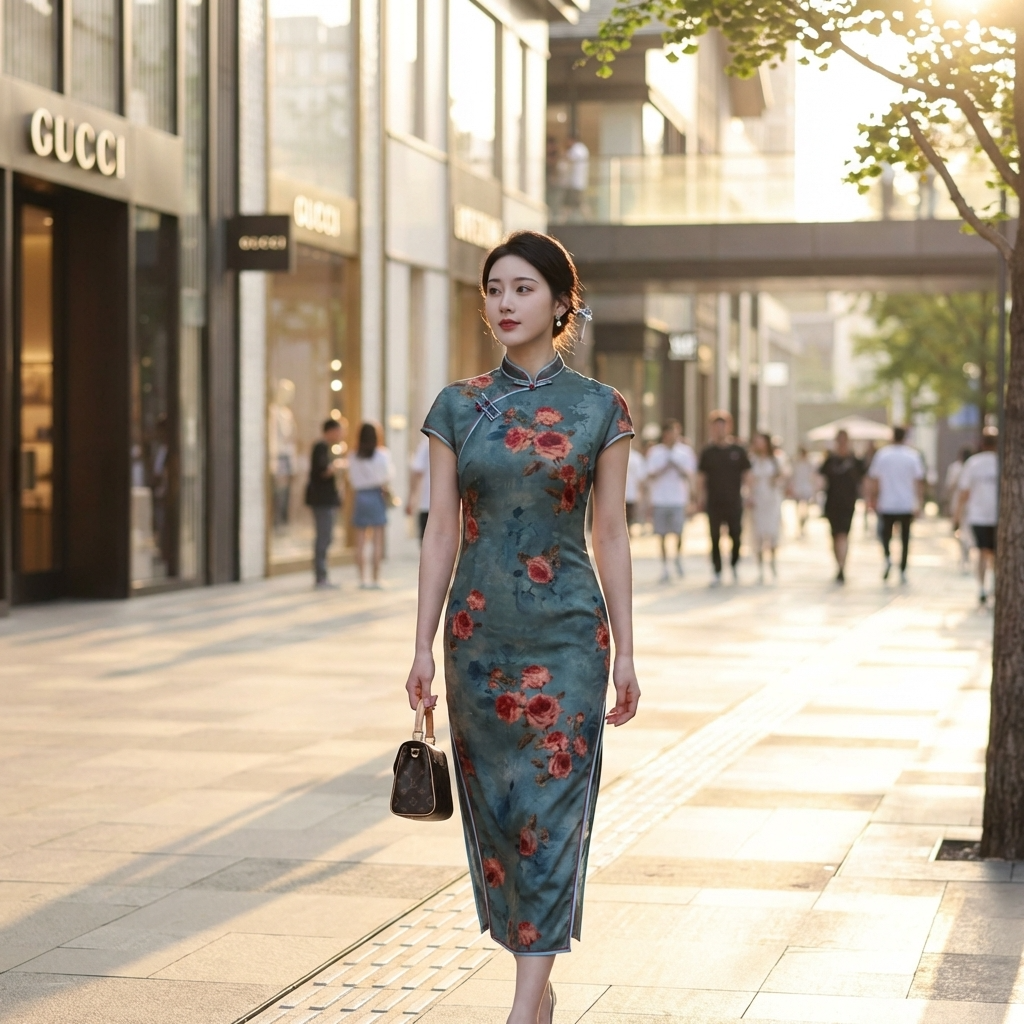 100% Mulberry Silk Xiangyunsha Dusty Blue Red Rose Short Sleeve Qipao Dress | LUXE ORIENTA - Luxe Orienta CO., LIMITED