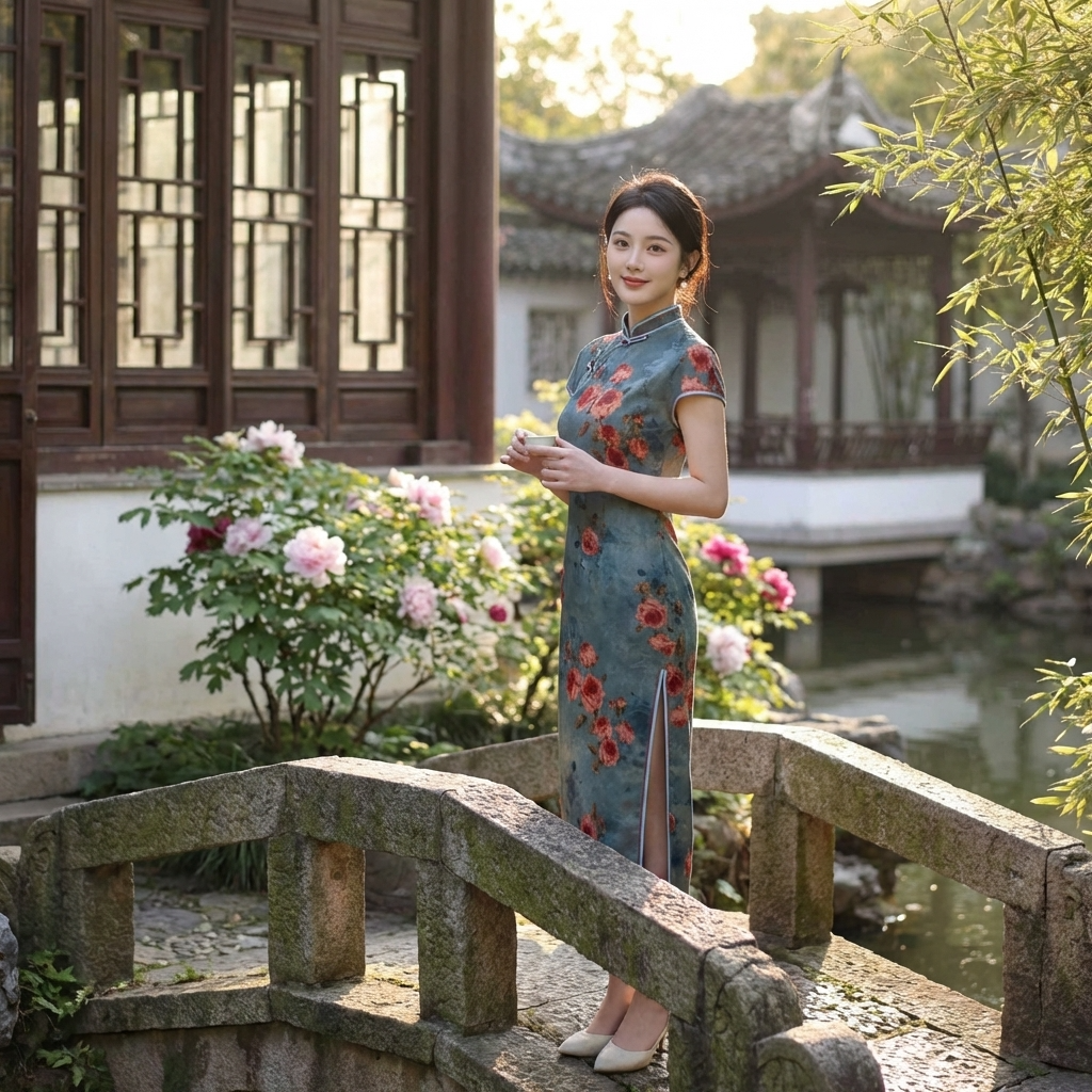 100% Mulberry Silk Xiangyunsha Dusty Blue Red Rose Short Sleeve Qipao Dress | LUXE ORIENTA - Luxe Orienta CO., LIMITED