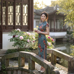 100% Mulberry Silk Xiangyunsha Dusty Blue Red Rose Short Sleeve Qipao Dress | LUXE ORIENTA - Luxe Orienta CO., LIMITED