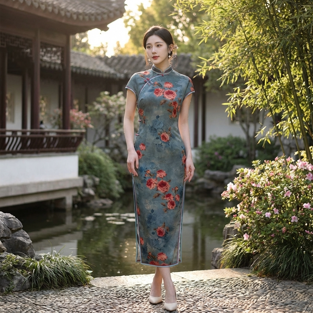 100% Mulberry Silk Xiangyunsha Dusty Blue Red Rose Short Sleeve Qipao Dress | LUXE ORIENTA - Luxe Orienta CO., LIMITED