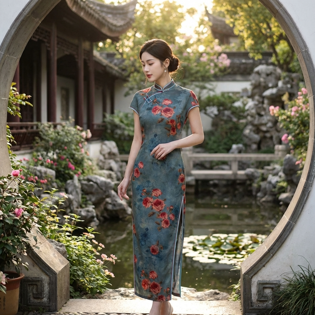 100% Mulberry Silk Xiangyunsha Dusty Blue Red Rose Short Sleeve Qipao Dress | LUXE ORIENTA - Luxe Orienta CO., LIMITED