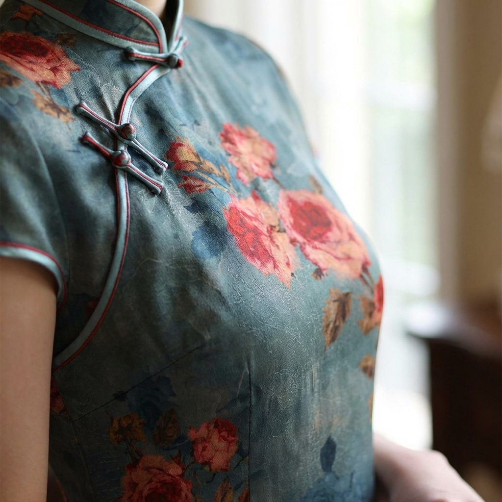 100% Mulberry Silk Xiangyunsha Dusty Blue Red Rose Short Sleeve Qipao Dress | LUXE ORIENTA - Luxe Orienta CO., LIMITED