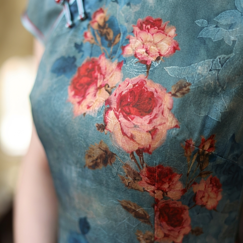 100% Mulberry Silk Xiangyunsha Dusty Blue Red Rose Short Sleeve Qipao Dress | LUXE ORIENTA - Luxe Orienta CO., LIMITED