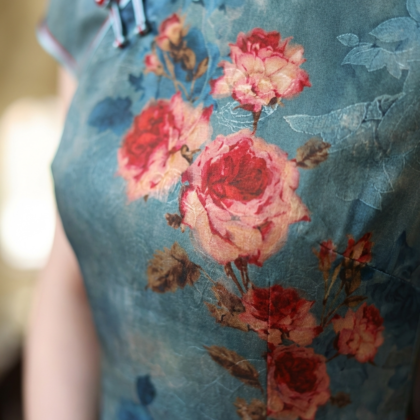 100% Mulberry Silk Xiangyunsha Dusty Blue Red Rose Short Sleeve Qipao Dress | LUXE ORIENTA - Luxe Orienta CO., LIMITED