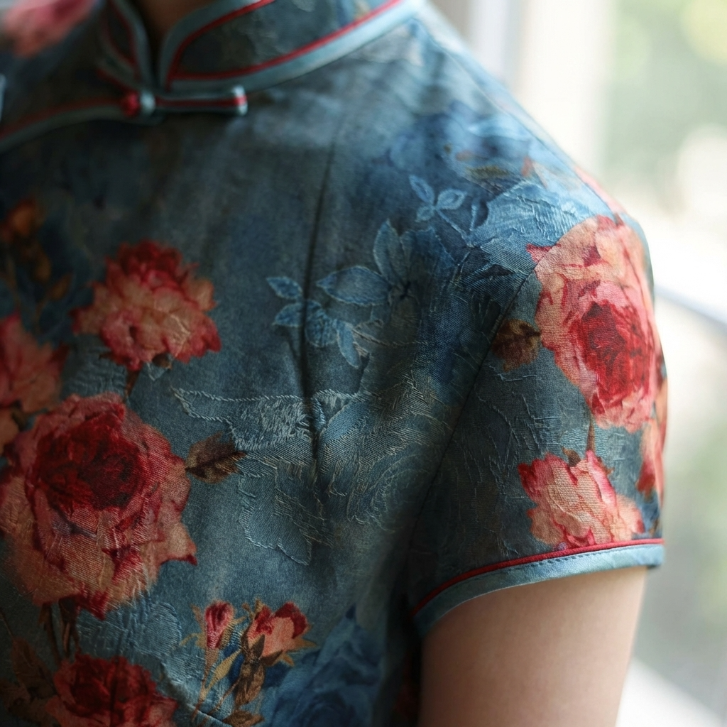 100% Mulberry Silk Xiangyunsha Dusty Blue Red Rose Short Sleeve Qipao Dress | LUXE ORIENTA - Luxe Orienta CO., LIMITED