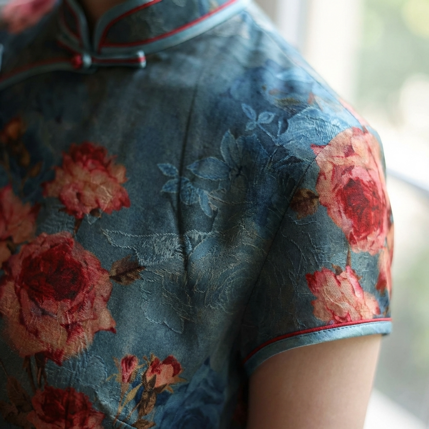 100% Mulberry Silk Xiangyunsha Dusty Blue Red Rose Short Sleeve Qipao Dress | LUXE ORIENTA - Luxe Orienta CO., LIMITED