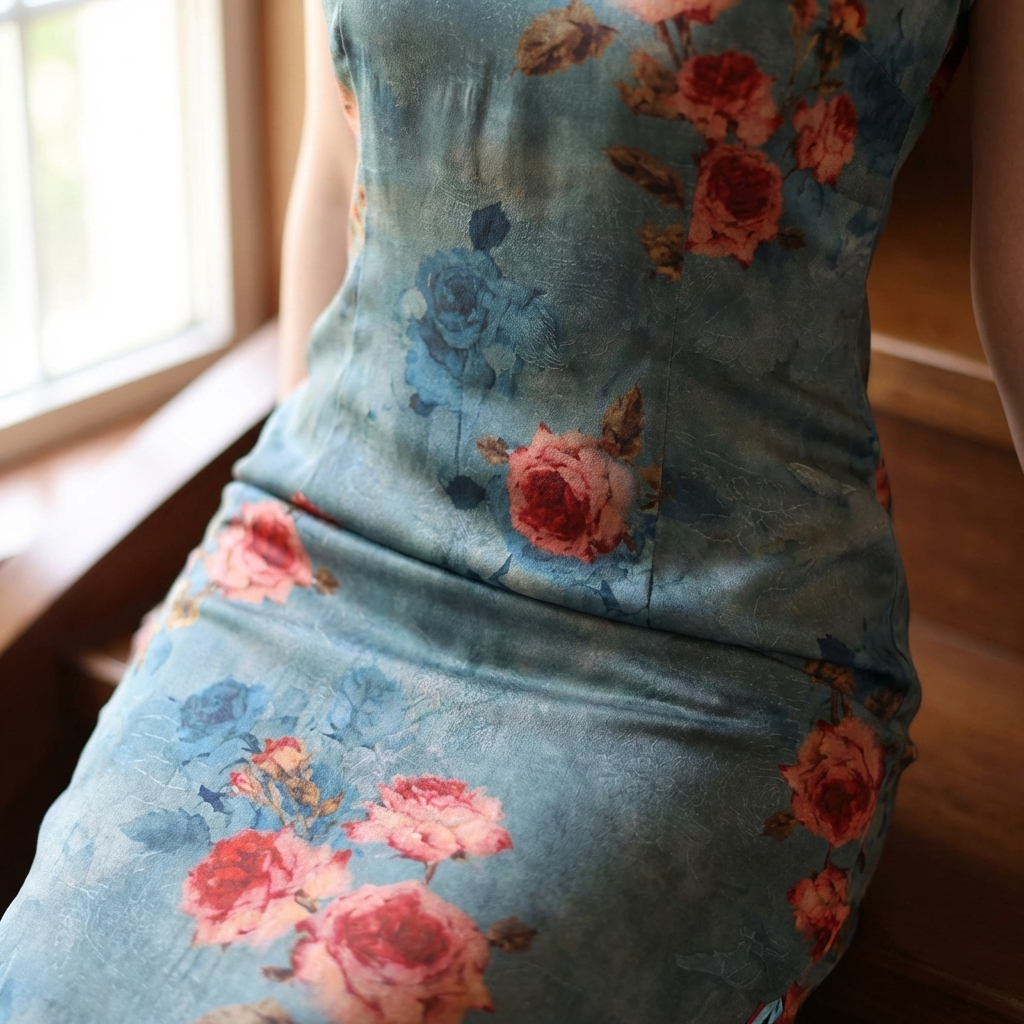 100% Mulberry Silk Xiangyunsha Dusty Blue Red Rose Short Sleeve Qipao Dress | LUXE ORIENTA - Luxe Orienta CO., LIMITED