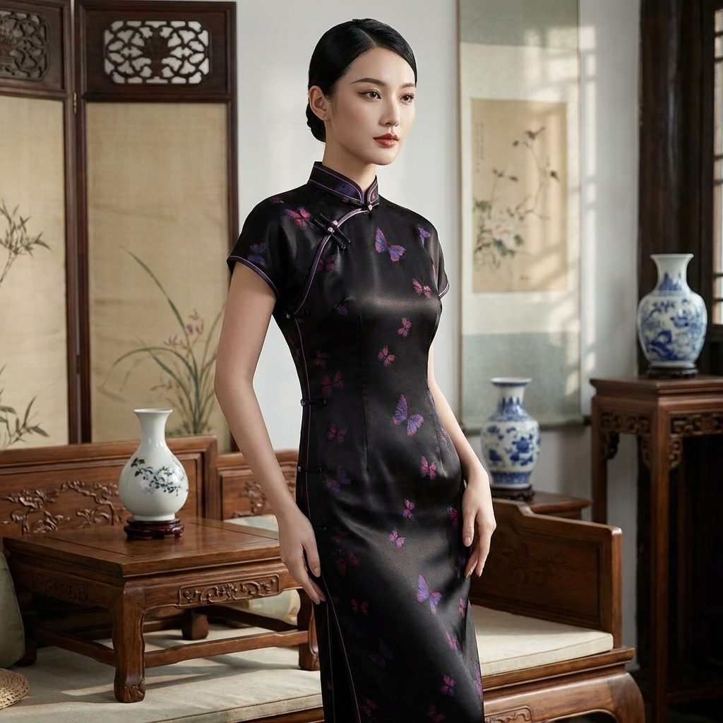 100% Mulberry Silk Xiangyunsha Black Purple Butterfly Short Sleeve Qipao Dress | LUXE ORIENTA - Luxe Orienta CO., LIMITED
