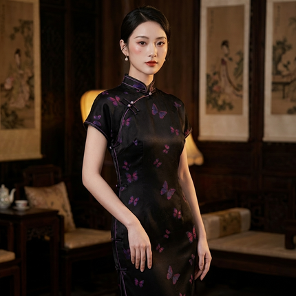 100% Mulberry Silk Xiangyunsha Black Purple Butterfly Short Sleeve Qipao Dress | LUXE ORIENTA - Luxe Orienta CO., LIMITED