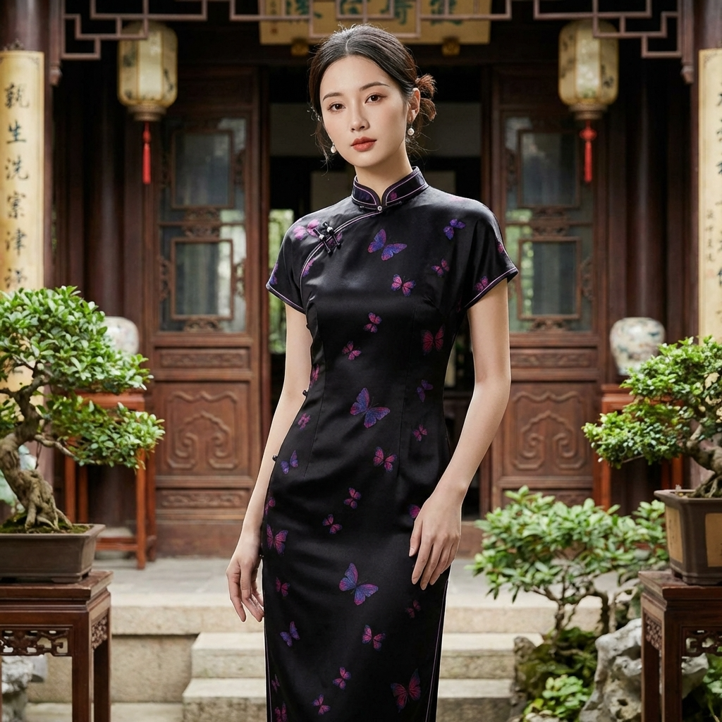 100% Mulberry Silk Xiangyunsha Black Purple Butterfly Short Sleeve Qipao Dress | LUXE ORIENTA - Luxe Orienta CO., LIMITED