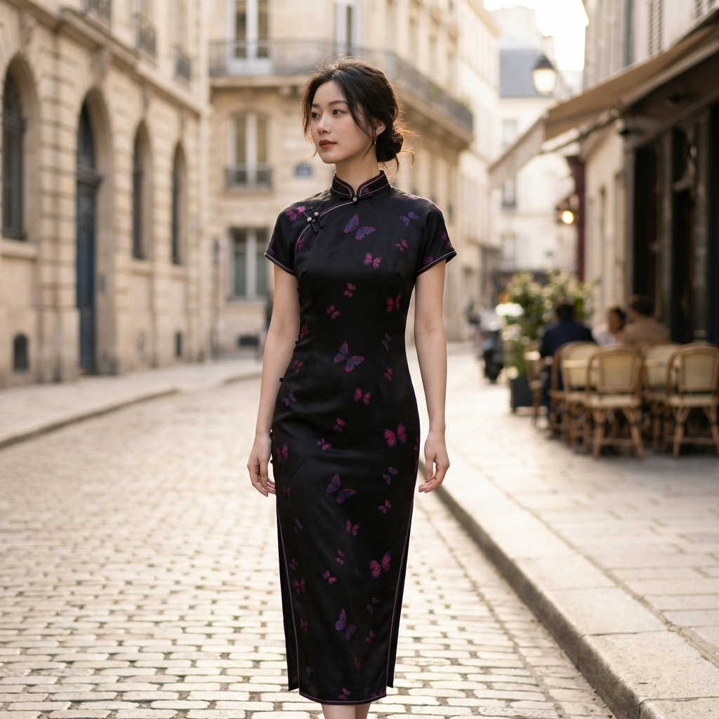 100% Mulberry Silk Xiangyunsha Black Purple Butterfly Short Sleeve Qipao Dress | LUXE ORIENTA - Luxe Orienta CO., LIMITED