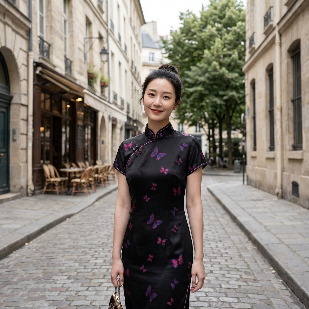 100% Mulberry Silk Xiangyunsha Black Purple Butterfly Short Sleeve Qipao Dress | LUXE ORIENTA - Luxe Orienta CO., LIMITED