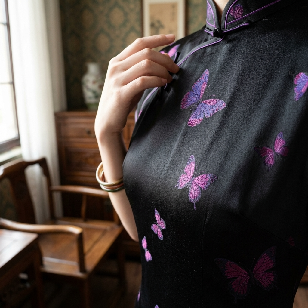 100% Mulberry Silk Xiangyunsha Black Purple Butterfly Short Sleeve Qipao Dress | LUXE ORIENTA - Luxe Orienta CO., LIMITED