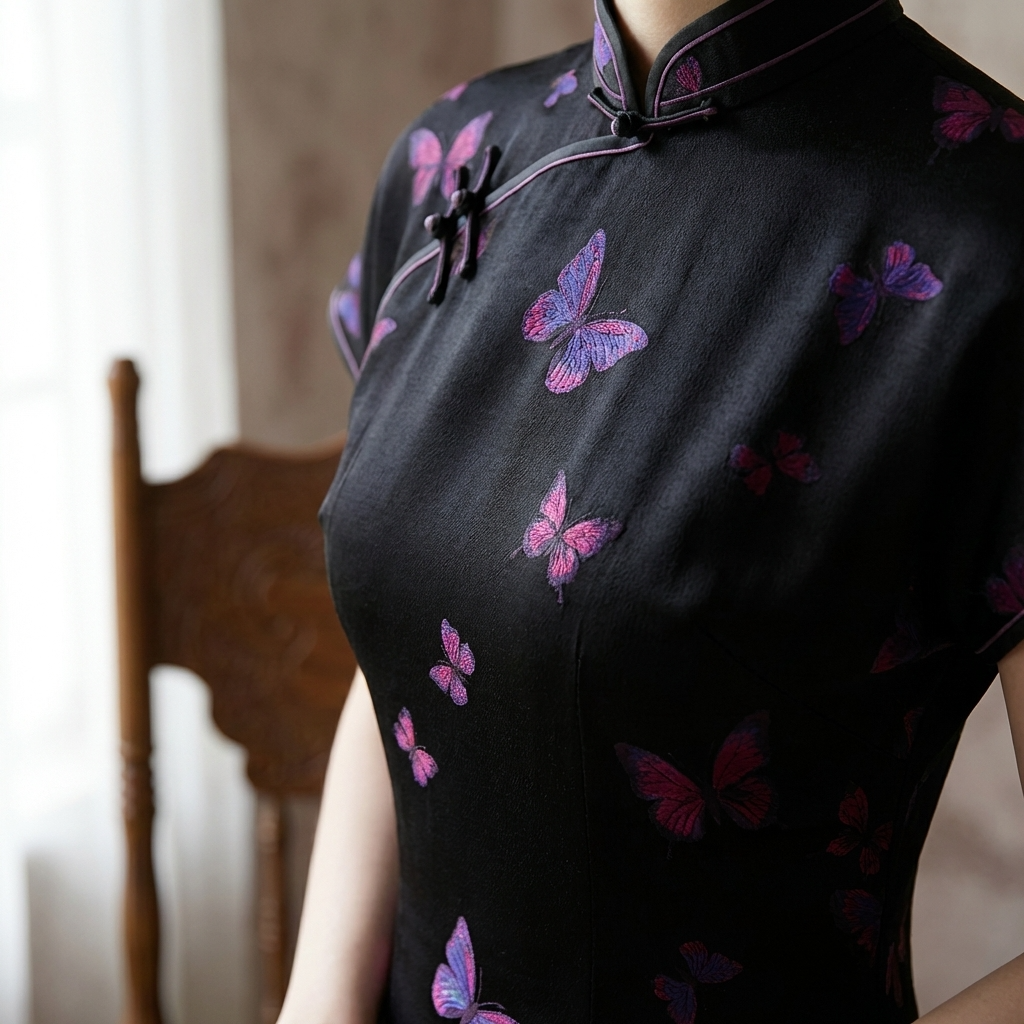100% Mulberry Silk Xiangyunsha Black Purple Butterfly Short Sleeve Qipao Dress | LUXE ORIENTA - Luxe Orienta CO., LIMITED