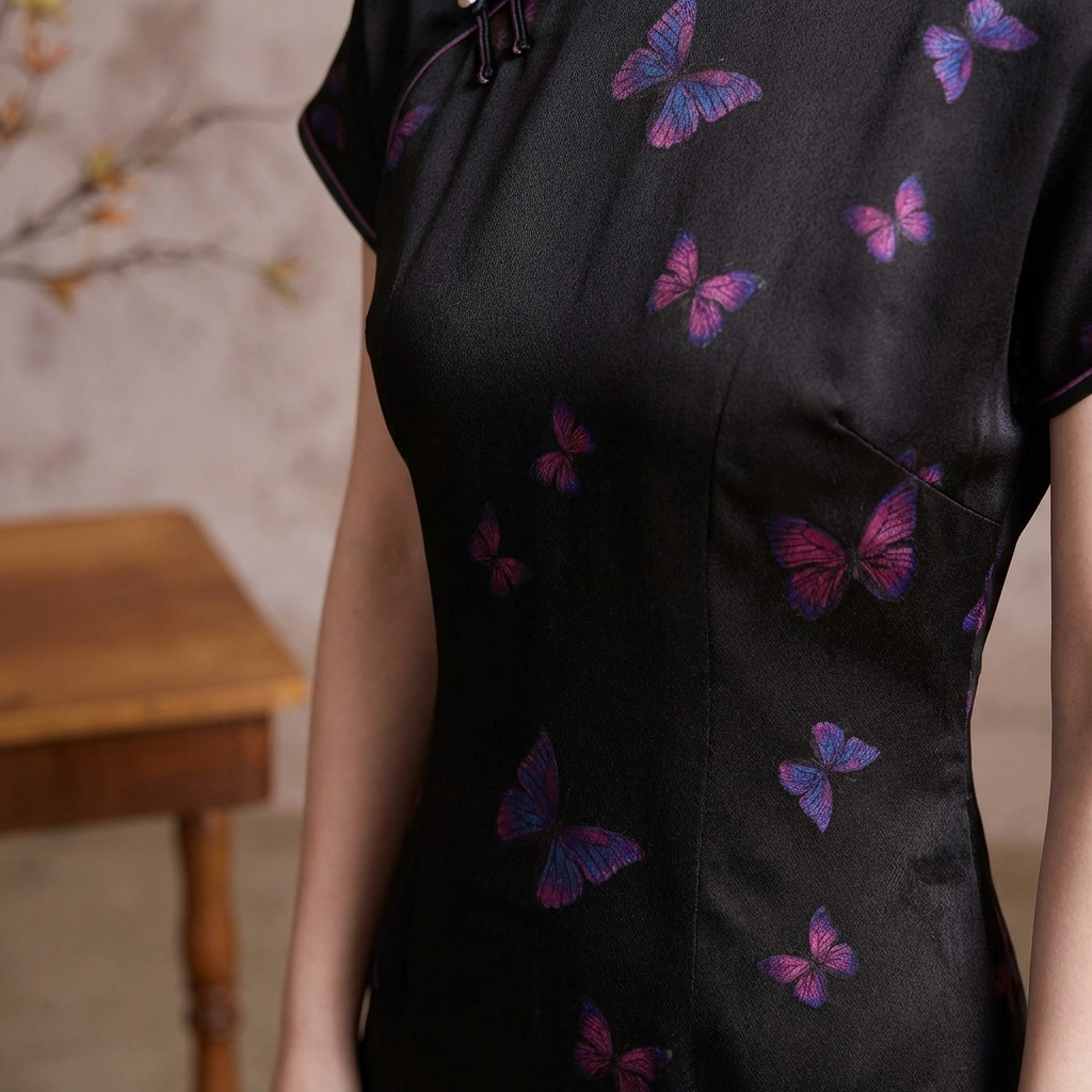 100% Mulberry Silk Xiangyunsha Black Purple Butterfly Short Sleeve Qipao Dress | LUXE ORIENTA - Luxe Orienta CO., LIMITED