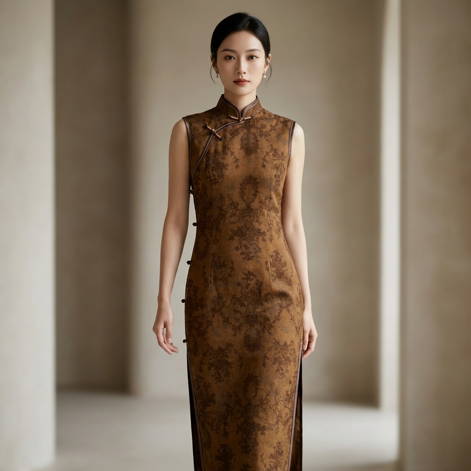 Vintage Brown Xiangyunsha Sleeveless Qipao Dress | LUXE ORIENTA Luxury Cheongsam - Luxe Orienta CO., LIMITED